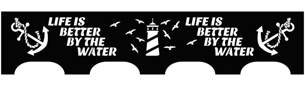 A black-painted steel fire pit panel featuring precision-cut nautical designs, including an anchor tied with rope, a lighthouse with birds flying around, and the phrase 'Life is Better by the Water'. The intricate cutouts create a stunning coastal scene.